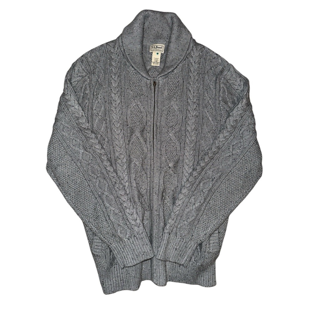 LL Bean Sweater Mens L-REG Cableknit Fisherman Full Zip Organic Cotton Grandpa